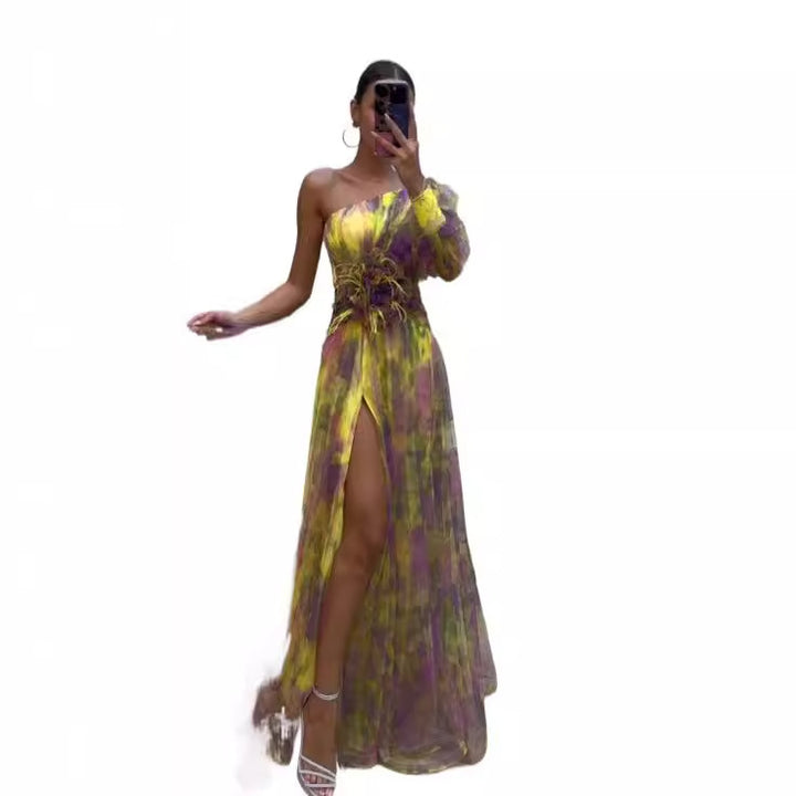 Women's evening dress with asymmetric design and floral accents Lune London