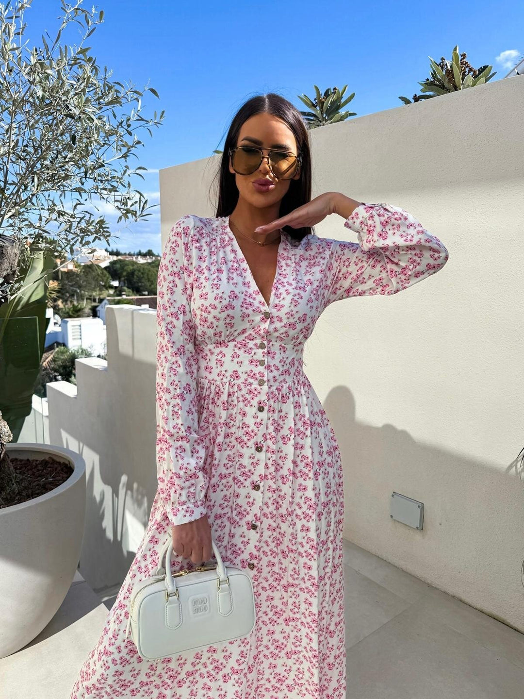 Floral print maxi dress for women with button placket Lune London