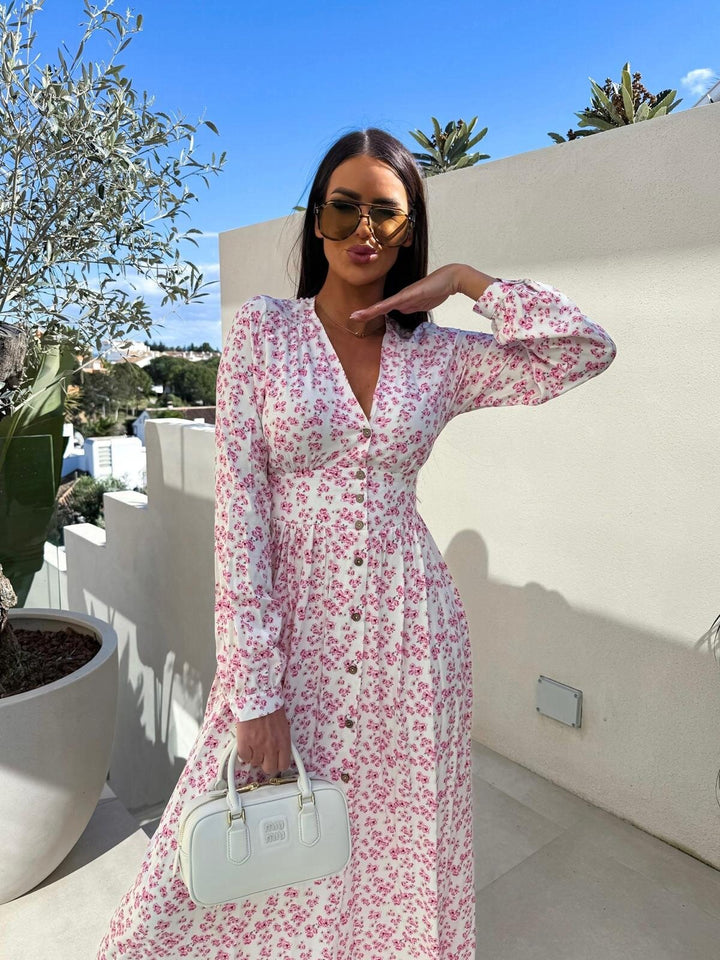 Floral print maxi dress for women with button placket Lune London