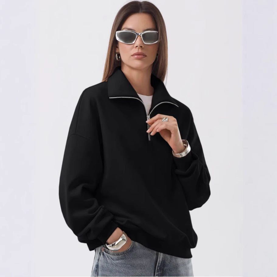 Sporty high collar sweater for women with short zipper Lune London