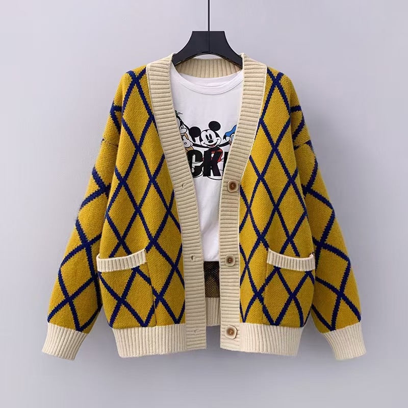Ladies chunky knit checked pattern cardigan Lune London