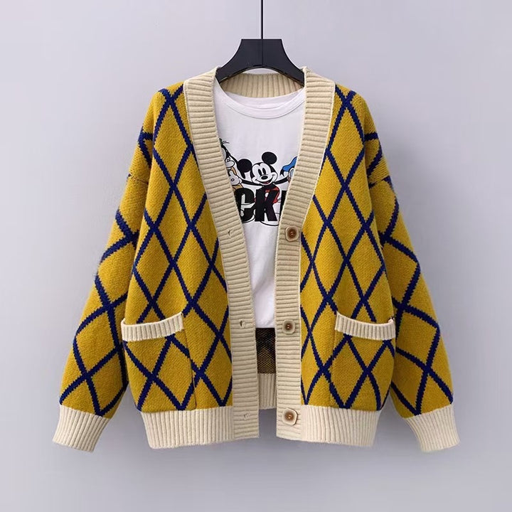 Ladies chunky knit checked pattern cardigan Lune London