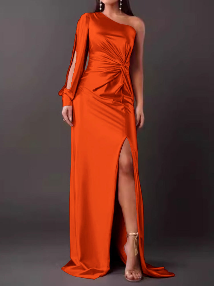 Women's Evening Dress with Asymmetric Neckline and Elegant Pleats Lune London