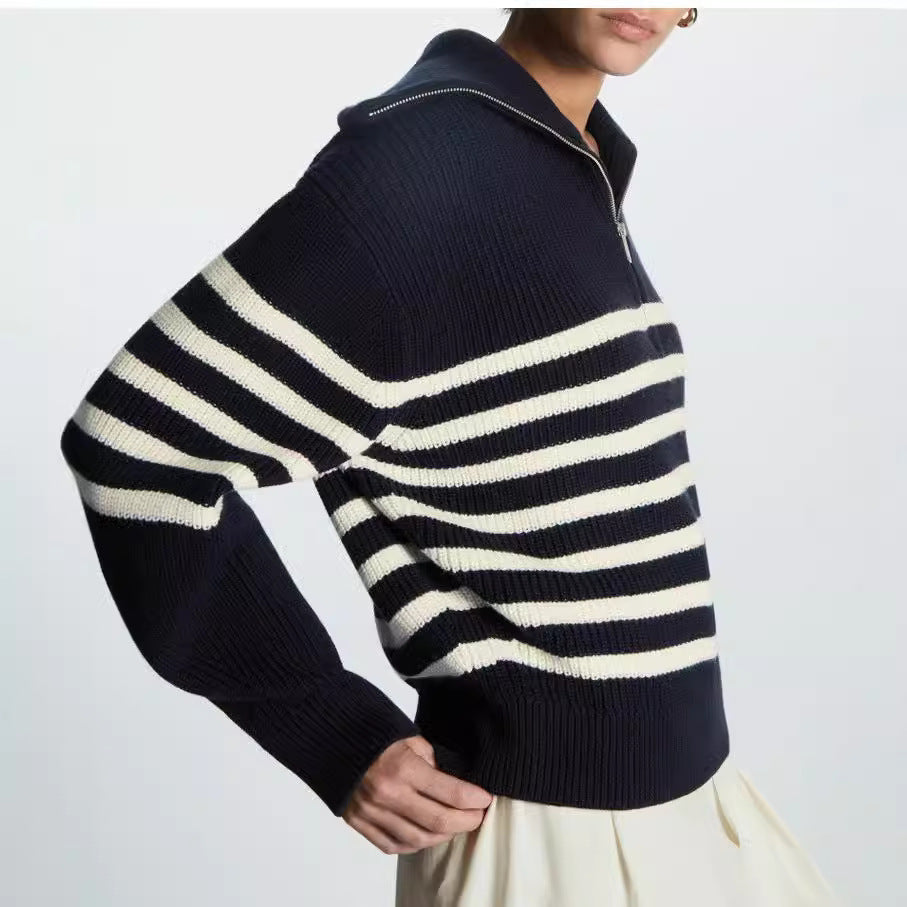 Fashion knit sweater for women with half zipper and striped design Lune London