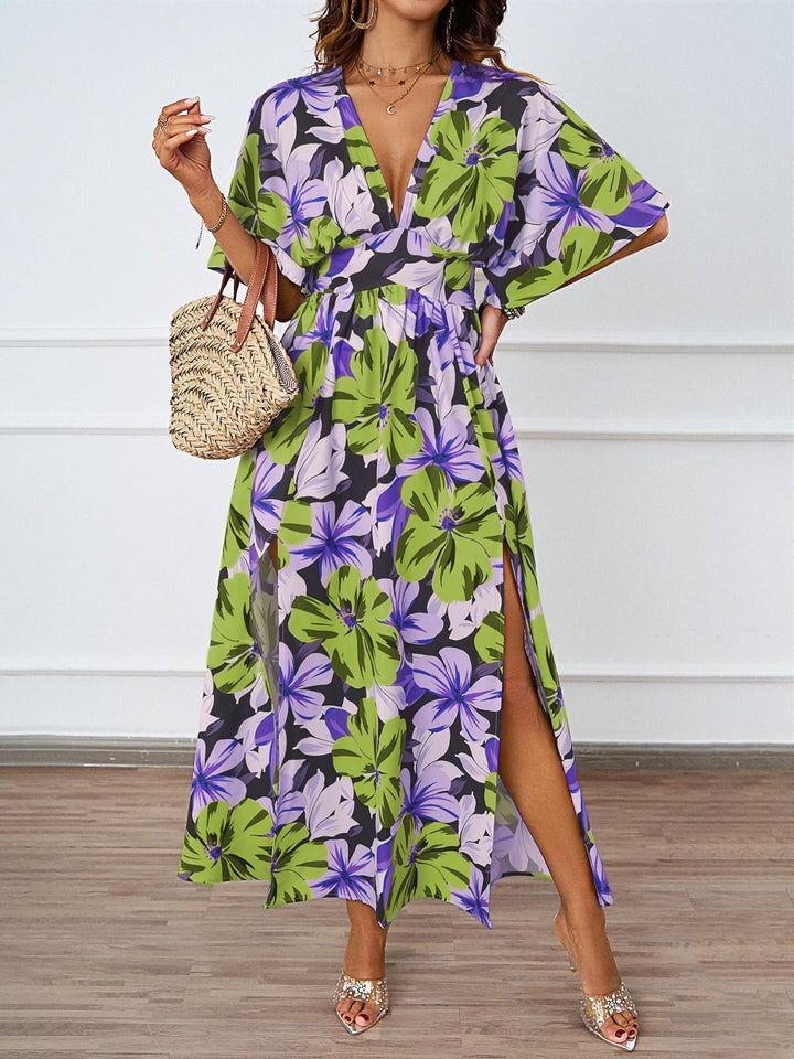 Maxi floral dress for women with deep V-neck and side slits Lune London