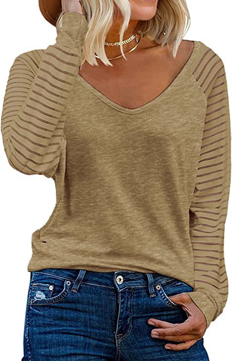 Woman V-neck top with transparent striped sleeves Lune London