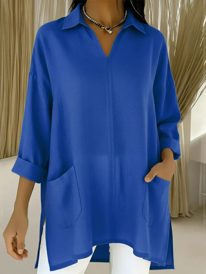Women's long sleeve blouse with elegant V-neckline and practical pockets Lune London