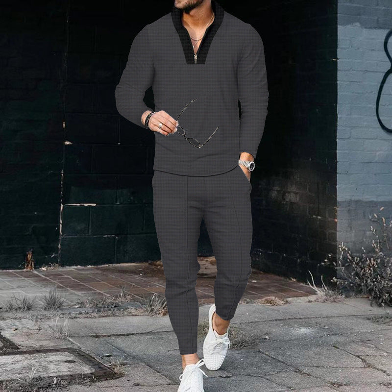 Men's sports outfit with modern high collar and fine check pattern