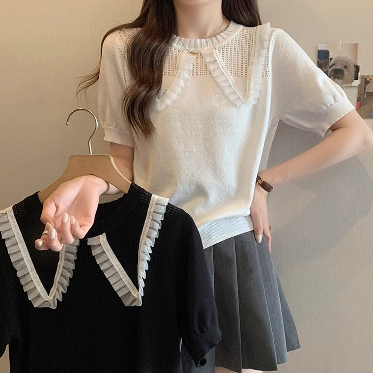 Women Elegant Knit Top with Decorative Ruffle Hem and Breathable Design