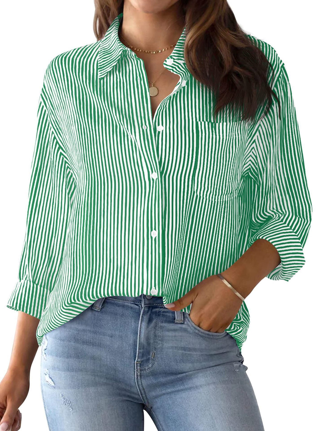 Ladies Loose Striped Shirt with Chest Pocket and Roll-up Sleeves Lune London