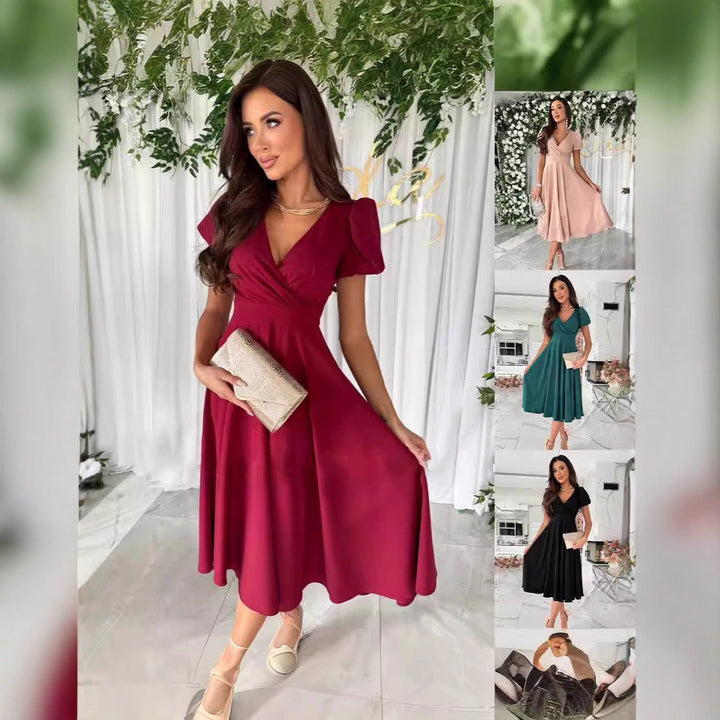 Ladies Elegant Midi Dress with Wrap Look and Flared Skirt Lune London