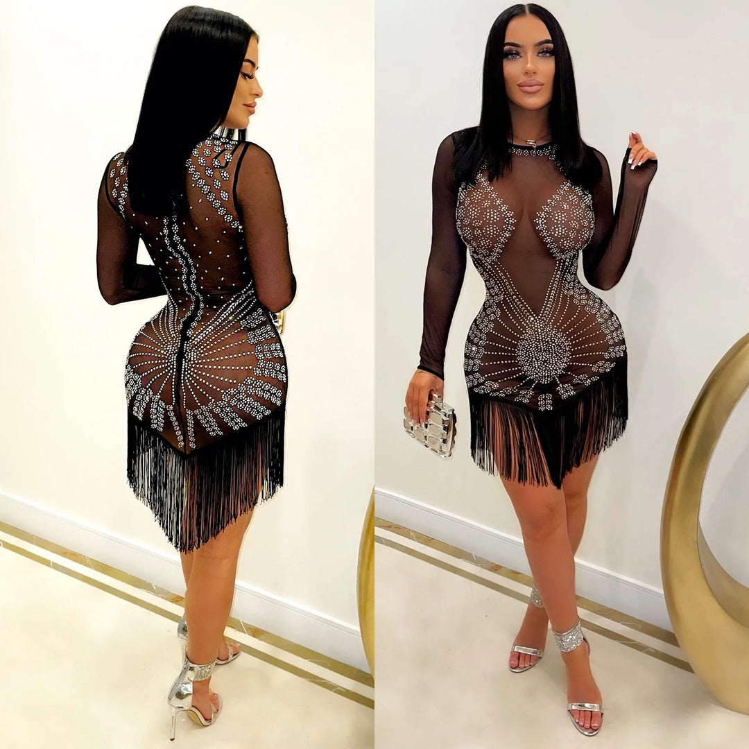 Fringed mini dress adorned with crystals for women Lune London