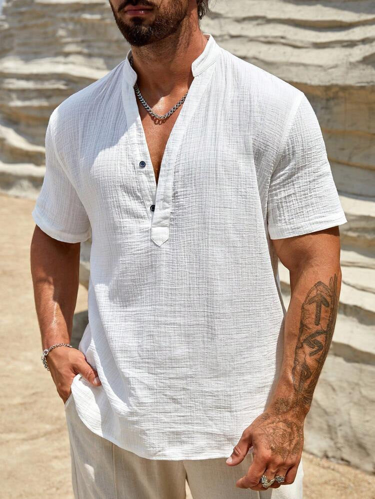 Casual long sleeve shirt for men with stand collar and modern button detail Lune London