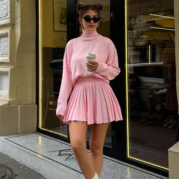 Knit sweater for women with high neckline and pleated mini skirt Lune London