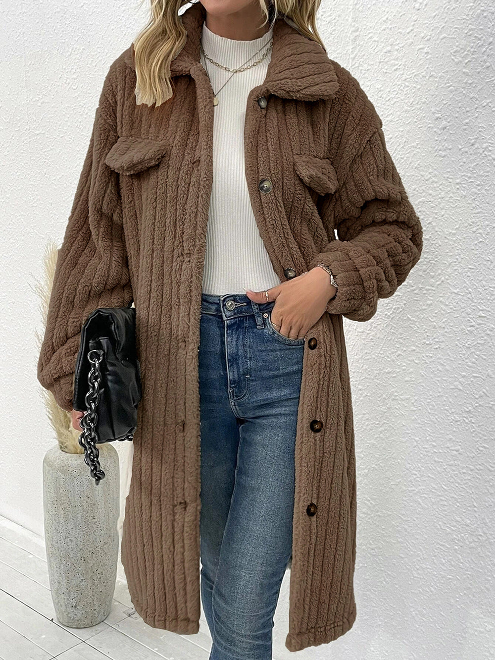 Ladies long soft coat with textured design and patch pockets Lune London