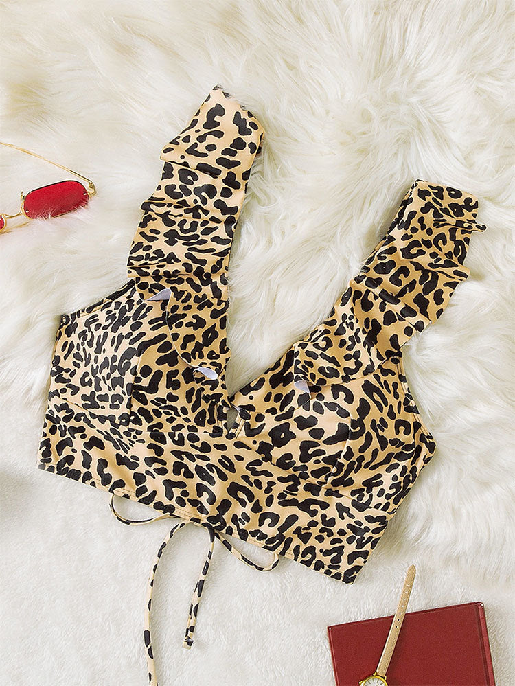 Ladies ruffled top with chic leopard print and style