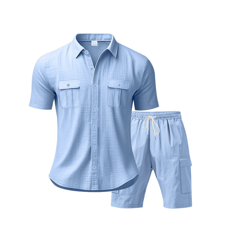 H men's casual short sleeve shirt and chic cargo shorts outfit