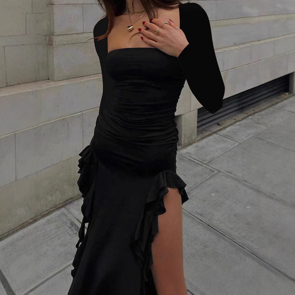 Elegant and sculpting evening dress for women with ruffles and matching top Lune London