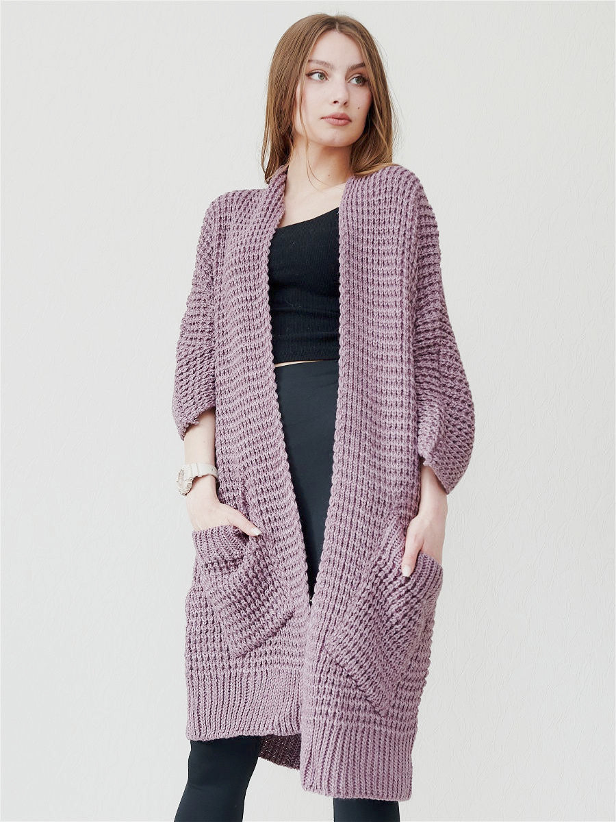 Ladies chunky knit cardigan with open fronts and practical pockets Lune London