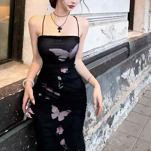 Ladies elegant wrap dress with floral butterfly print and adjustable spaghetti straps