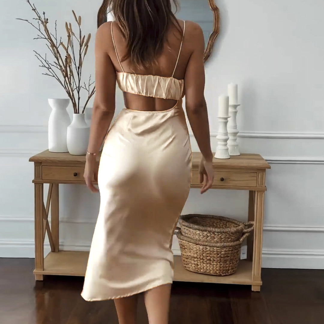 Women Elegant Cut-Out Dress with Thin Spaghetti Straps and Draped Top Lune London