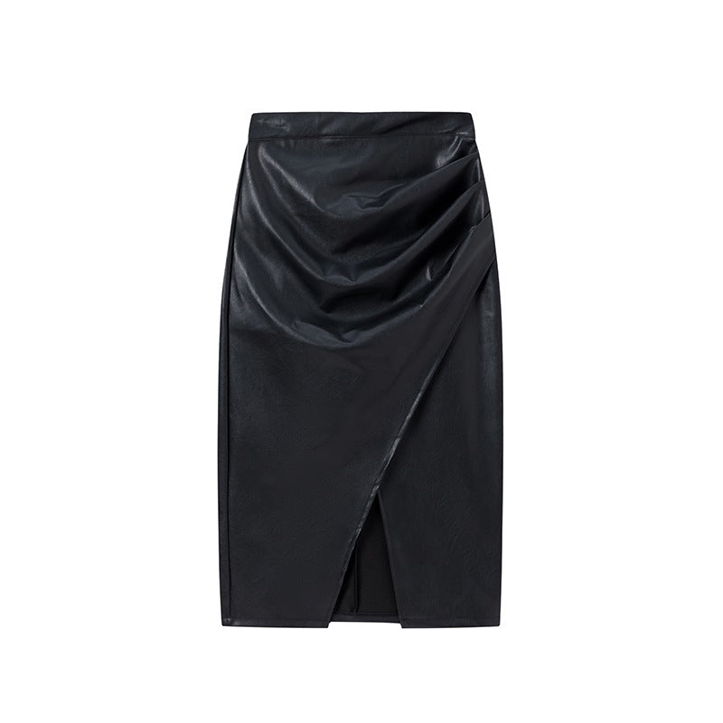 Chic and elegant draped midi skirt in faux leather for women