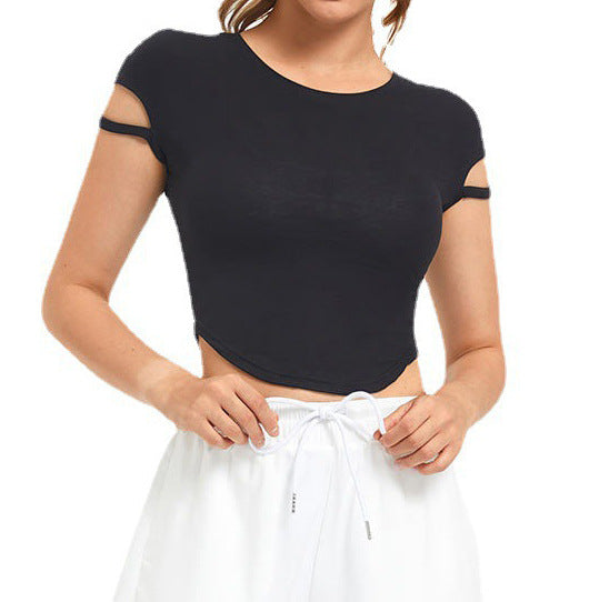Ladies Short Sleeve Crop Top with Innovative Design and Chic Elastic Straps