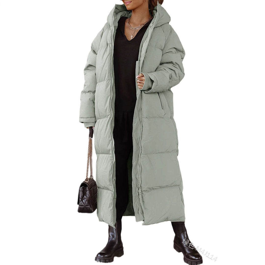 Ladies long padded jacket with hood and practical side pockets Lune London