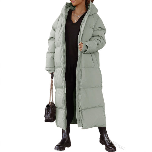 Ladies long padded jacket with hood and practical side pockets Lune London