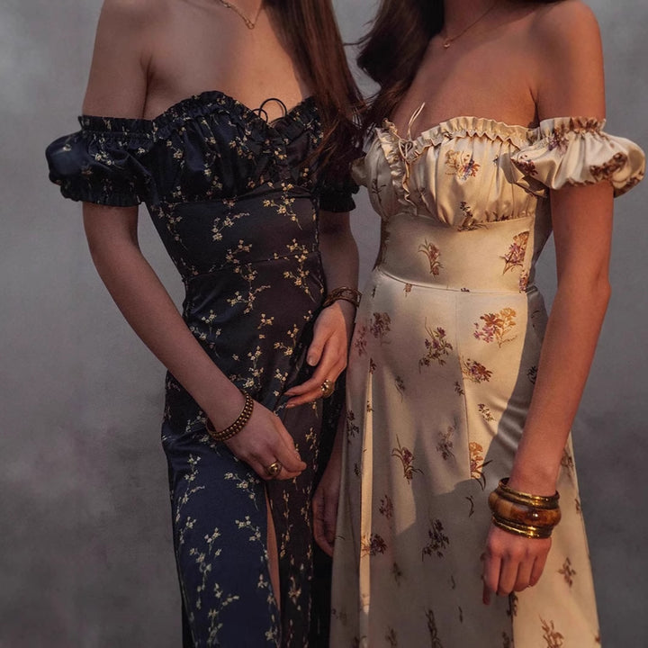 Maxi dress for women with floral print and elegant ruffle detail Lune London