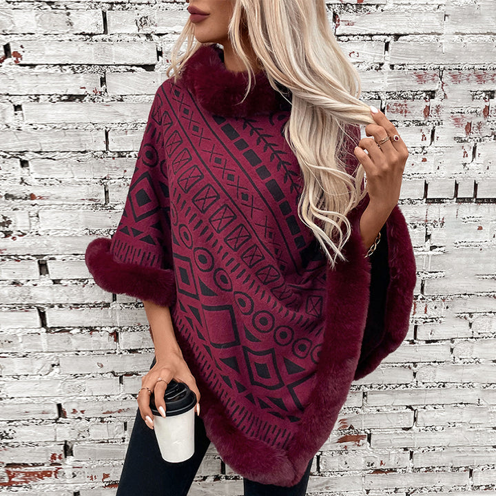 Ladies fashionable poncho with decorative faux fur collar Lune London