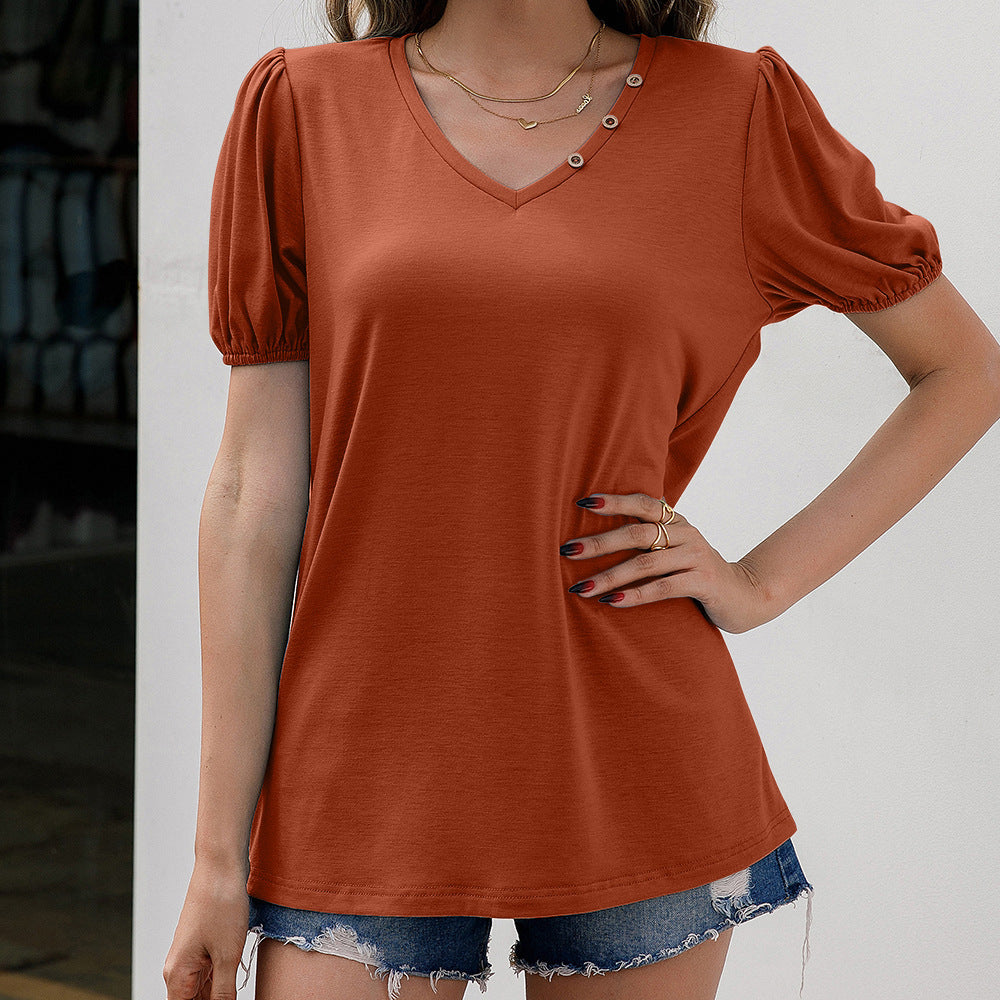 V-neck t-shirt for women with trendy puff sleeves and button details Lune London
