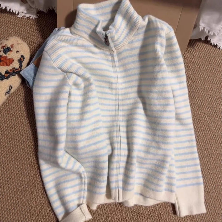 Pull-over matelassé ¼-zip pour femmes avec texture à rayures fines Chic & Stil