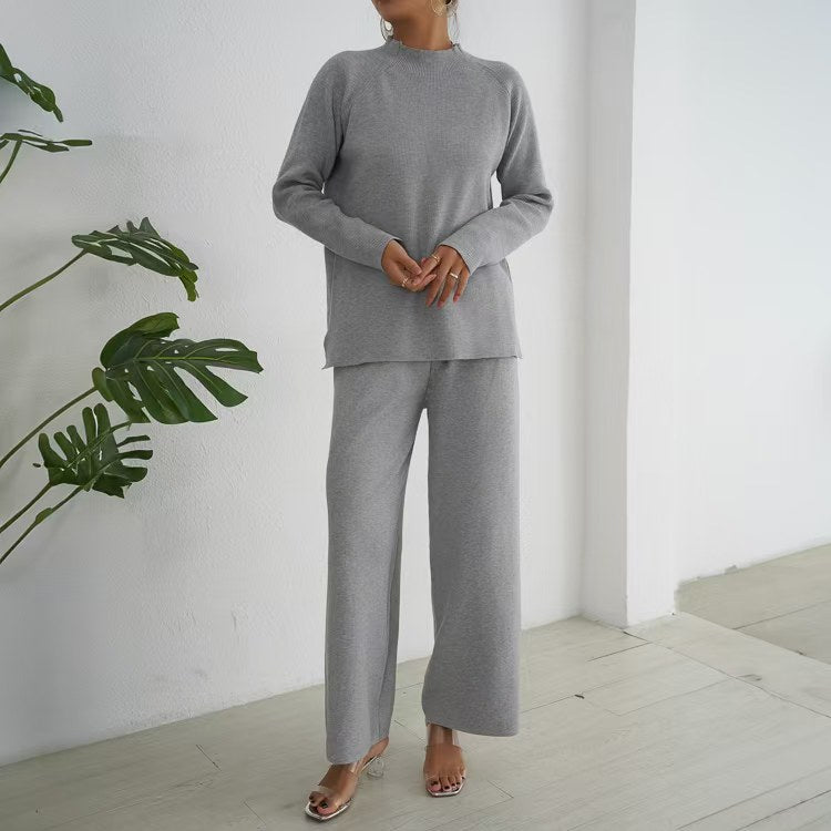 Elegant and casual knit loungewear set for women with high collar and wide legs Lune London