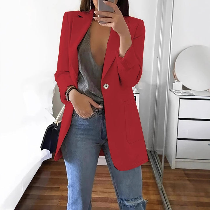 Elegant women's blazer jacket with shiny button details and spacious pockets Lune London