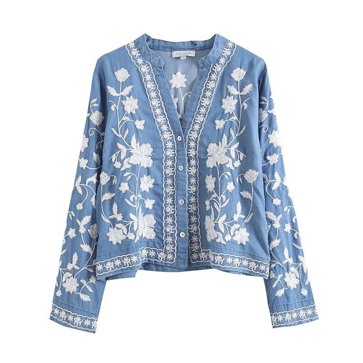 Vintage embroidered blouse for women with elegant collar and snap button closure Lune London