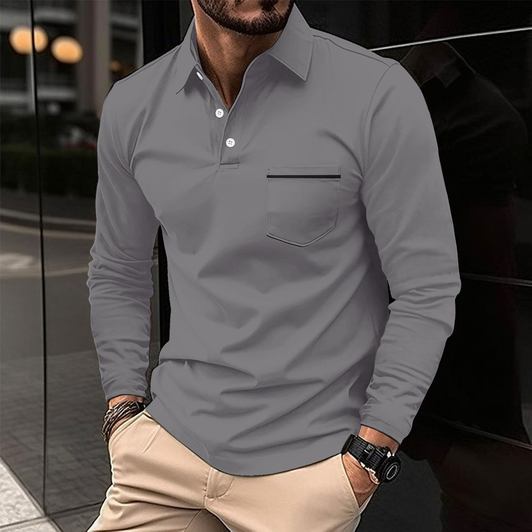 Men's Long Sleeve Polo with Trendy Stand-Up Collar and Practical Chest Pocket Lune London