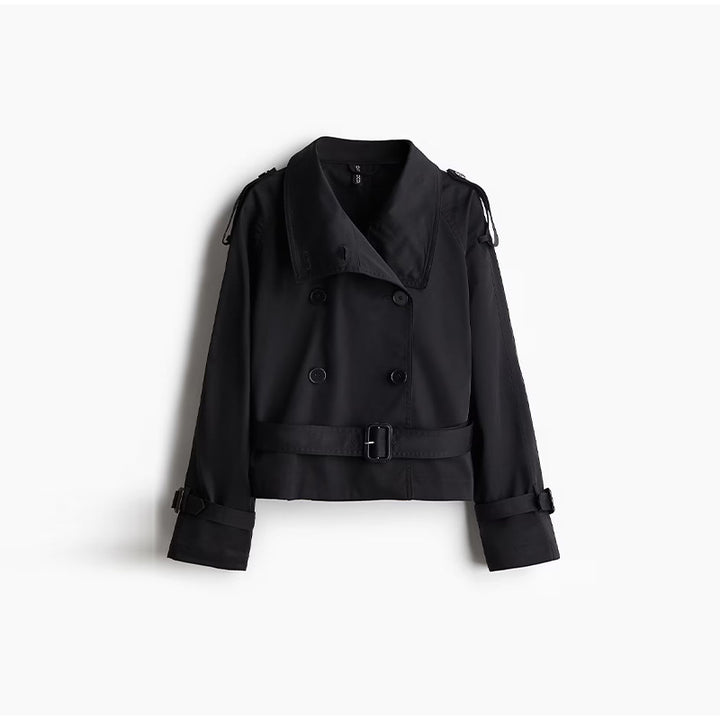 Ladies trendy short jacket in modern trench-coat style with wide collar and belt at the waist Lune London