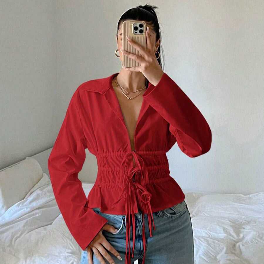 Lune London zip-up blouse for women with gathers and long sleeves
