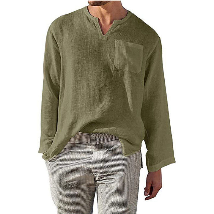 Men's long sleeve linen shirt with Henley collar and chest pocket Lune London
