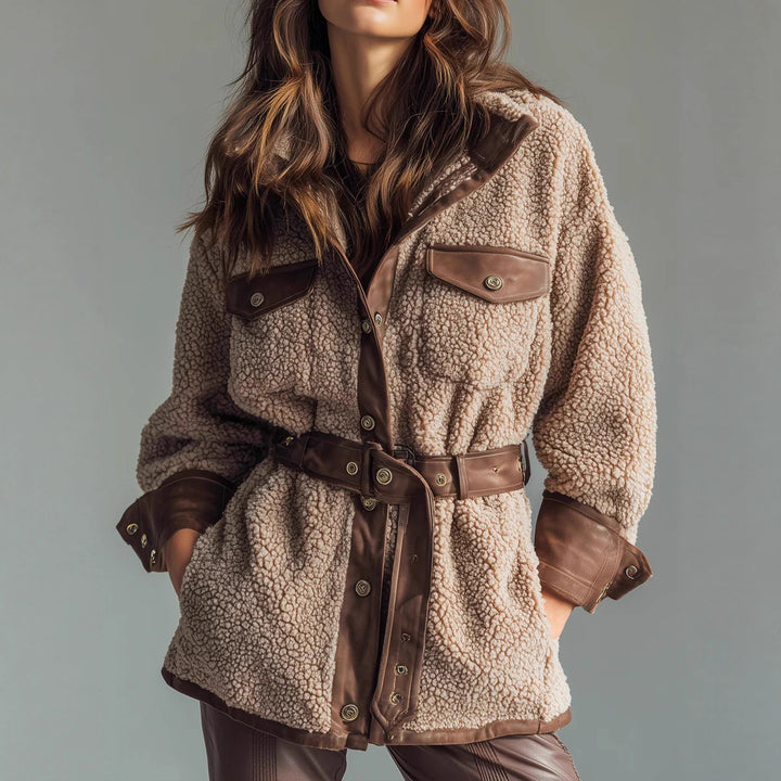 Teddy jacket for women with leather details and adjustable belt Lune London