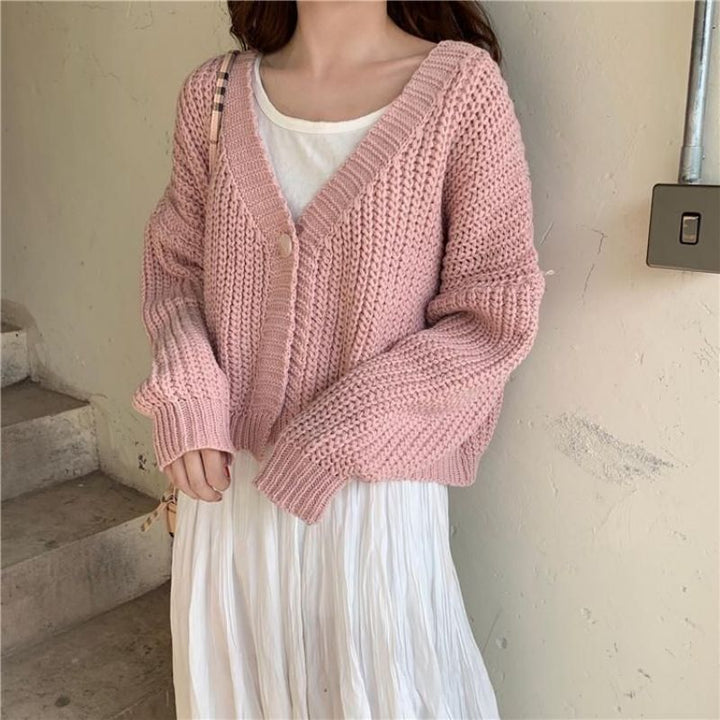 Ladies short cardigan with deep V-neck and special button details Lune London