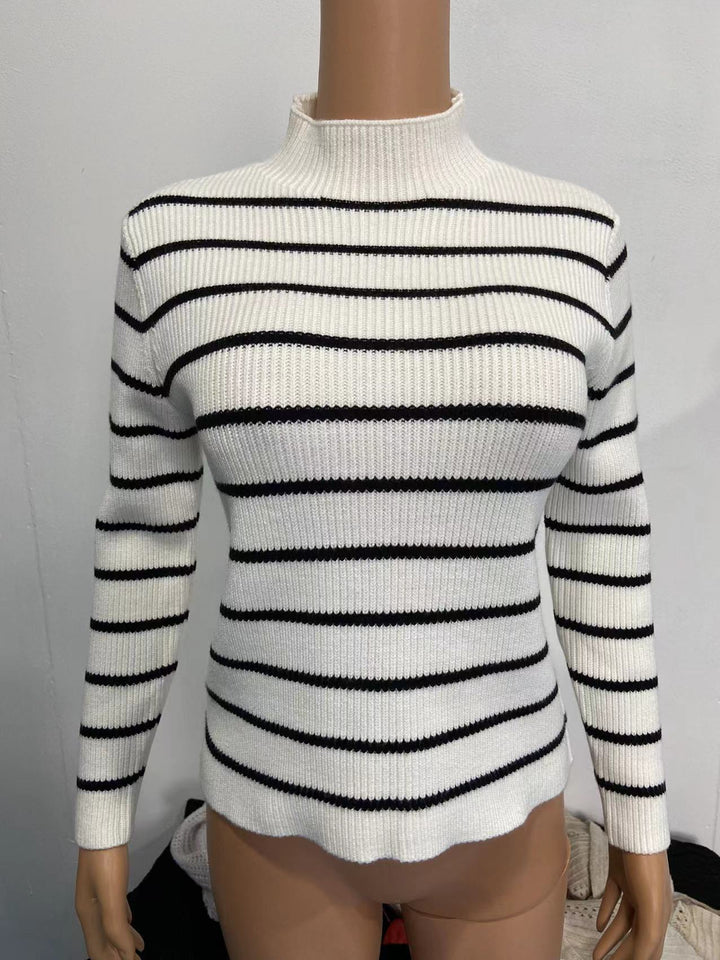 Women's ribbed knit sweater with high collar and embroidered striped pattern Lune London