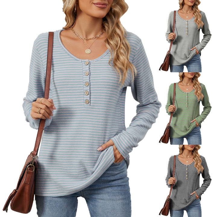 Striped long-sleeve T-shirt for women with button placket and casual fit Lune London