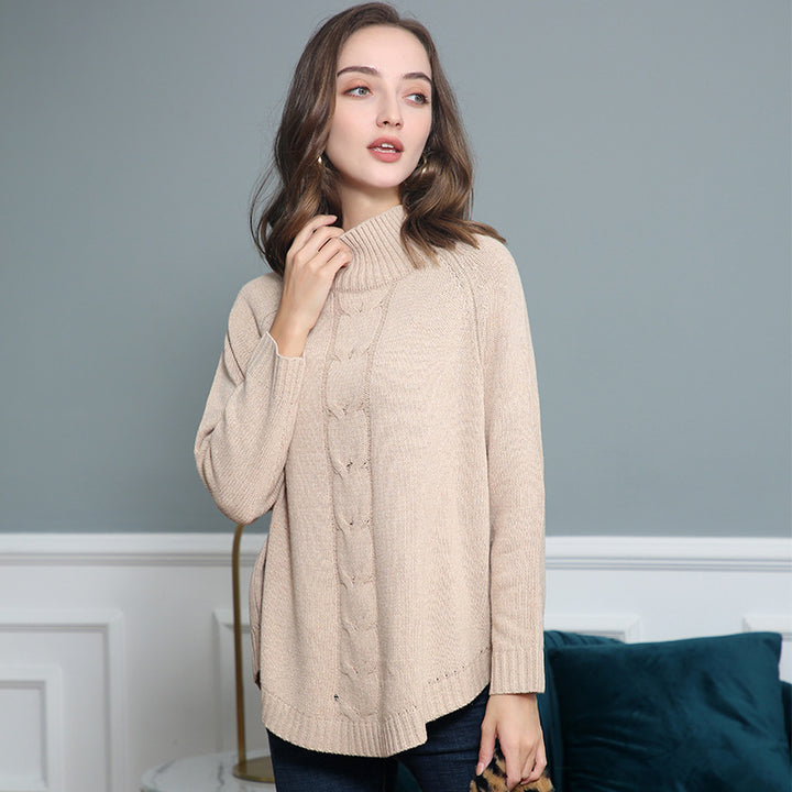 Chunky knit sweater for women with a high collar and cable patterns Lune London