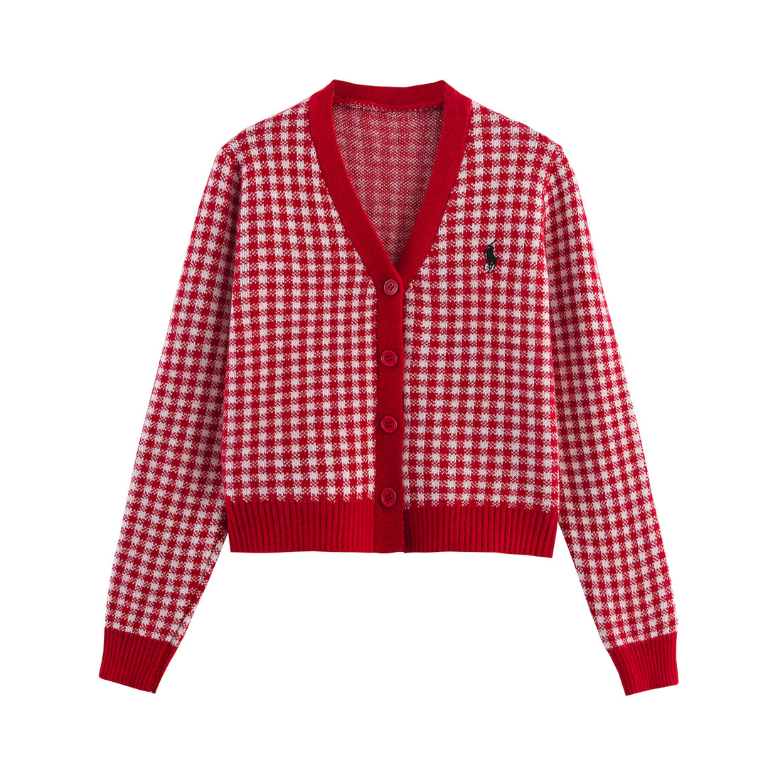 Women's knitted jacket with plaid pattern and button details Lune London