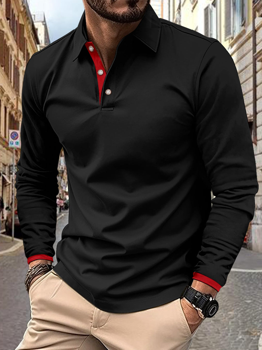 Men's Long Sleeve Polo Shirt with Stylish Collar and Elegant Button Details Lune London