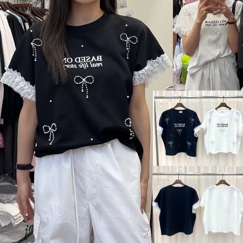 Casual graphic t-shirt for women with lace accents Lune London