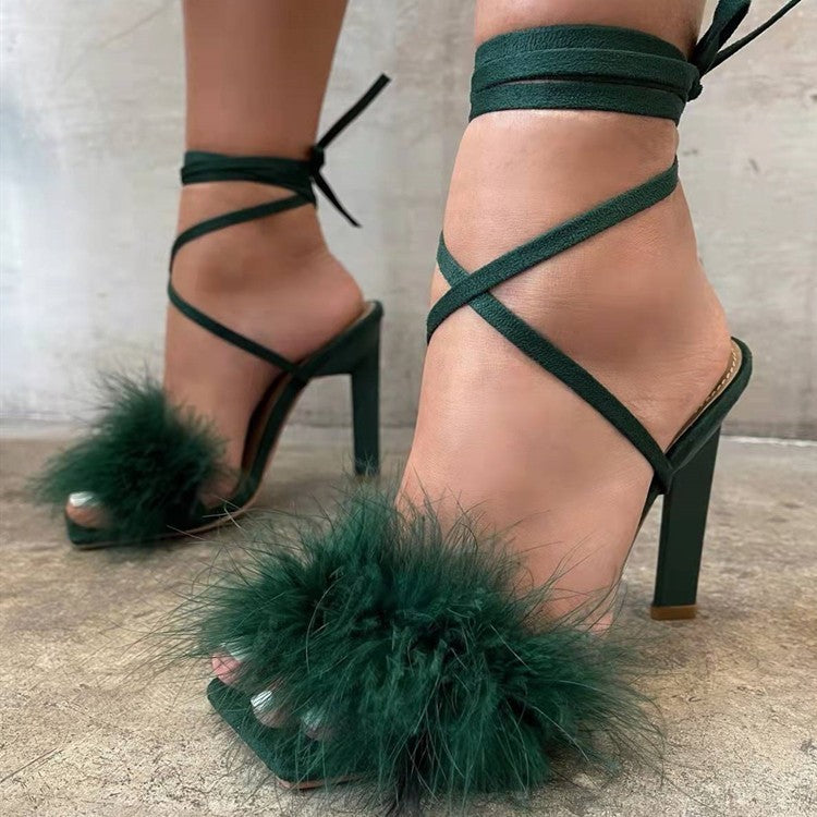 Women's high heel sandals with luxurious feather embellishment Lune London