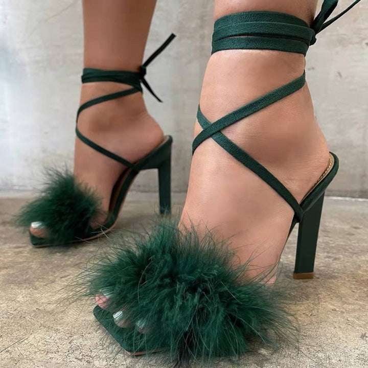 Women's high heel sandals with luxurious feather embellishment Lune London